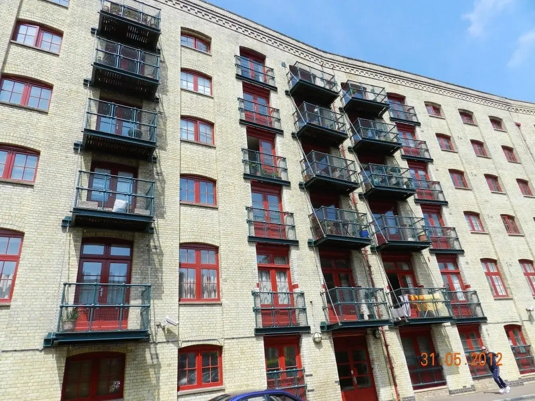 The Rotherhithe Street elevation of Globe Wharf, with its original loading bays